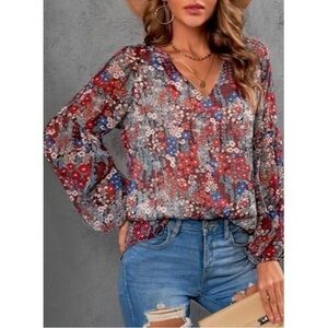 Casual Boho Sheer Floral Print V Neck Long Sleeve Tunic Lined Red and Blue